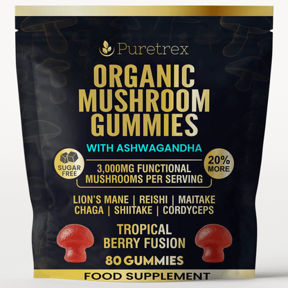 PURETREX Organic Mushroom Gummies with Lion’s Mane, Reishi, Chaga, Cordyceps, Maitake, Shiitake & Ashwagandha