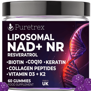 Liposomal NAD+ NR, Resveratrol, Collagen Peptides, Vitamin D3 + K2, Biotin, COQ10 & Keratin Gummies
