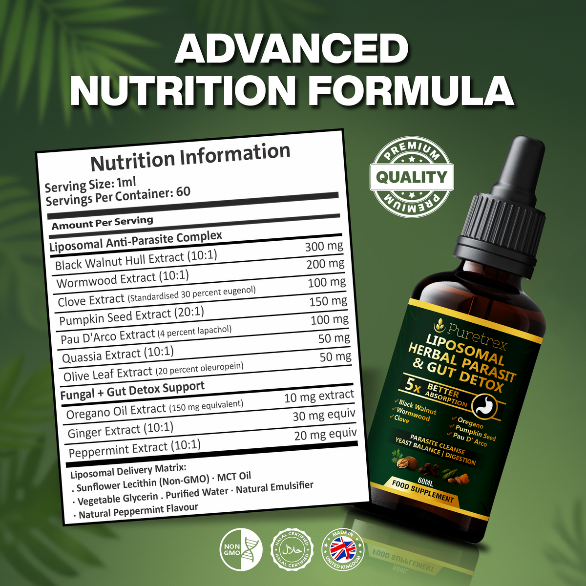 Liposomal Herbal Parasite & Drops - nutrition label and supplement facts