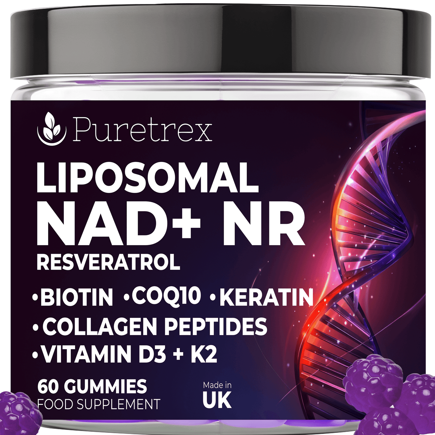 PURETREX Liposomal NAD+ NR Resveratrol Gummies front packaging with Biotin, CoQ10, Keratin, Collagen Peptides, and Vitamins D3 K2, 60 gummies.