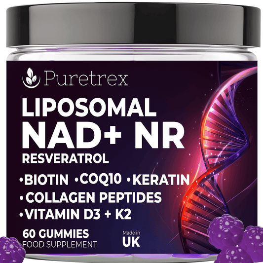 PURETREX Liposomal NAD+ NR Resveratrol Gummies front packaging with Biotin, CoQ10, Keratin, Collagen Peptides, and Vitamins D3 K2, 60 gummies.