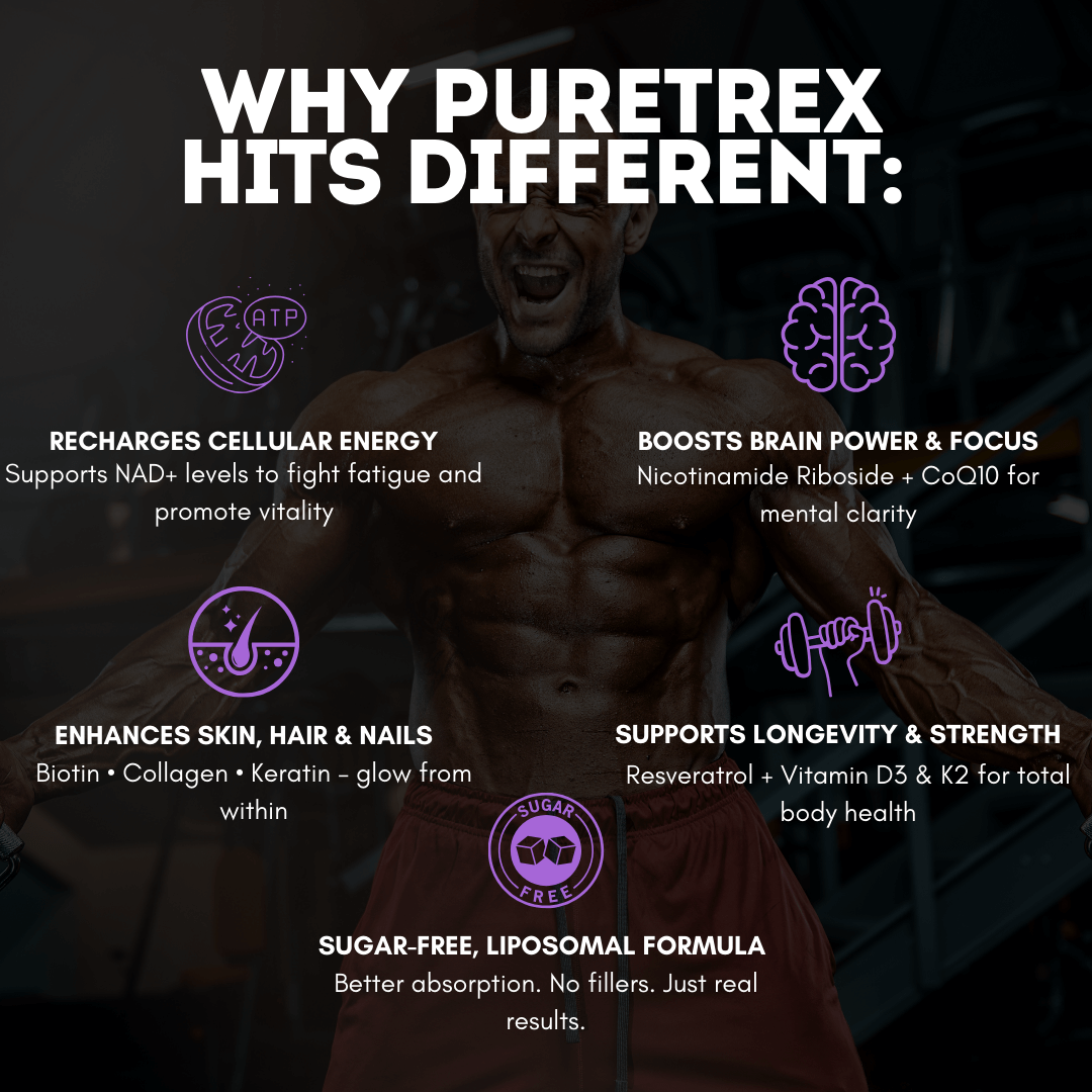 Why PURETREX Liposomal NAD+ NR Resveratrol Gummies are different, highlighting energy recharge, brain focus, skin hair nails, longevity support, sugar-free liposomal formula.