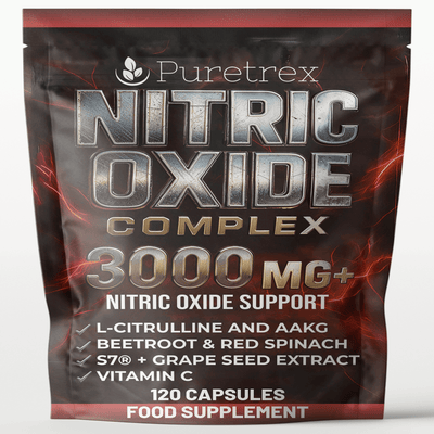 Supplement package for Puretrex Nitric Oxide Complex with red and black design.