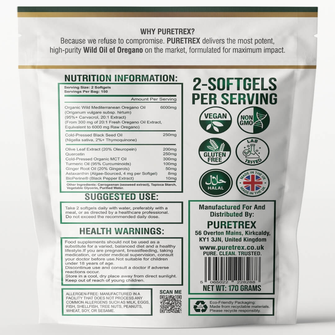 PURETREX Oil of Oregano with Black Seed Oil – 6000mg | Wild Oregano 300 Softgels UK