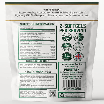 PURETREX Oil of Oregano with Black Seed Oil – 6000mg | Wild Oregano 300 Softgels UK