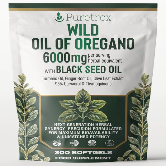 PURETREX Oil of Oregano with Black Seed Oil – 6000mg | Wild Oregano 300 Softgels UK