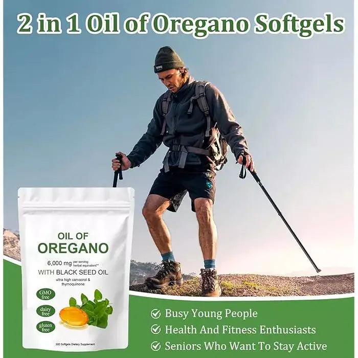 PURETREX Oil of Oregano with Black Seed Oil pouch shown alongside an active hiker, promoting vitality and daily energy support.