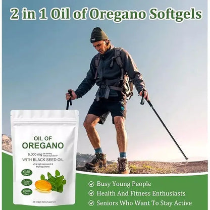 PURETREX Oil of Oregano with Black Seed Oil pouch shown alongside an active hiker, promoting vitality and daily energy support.
