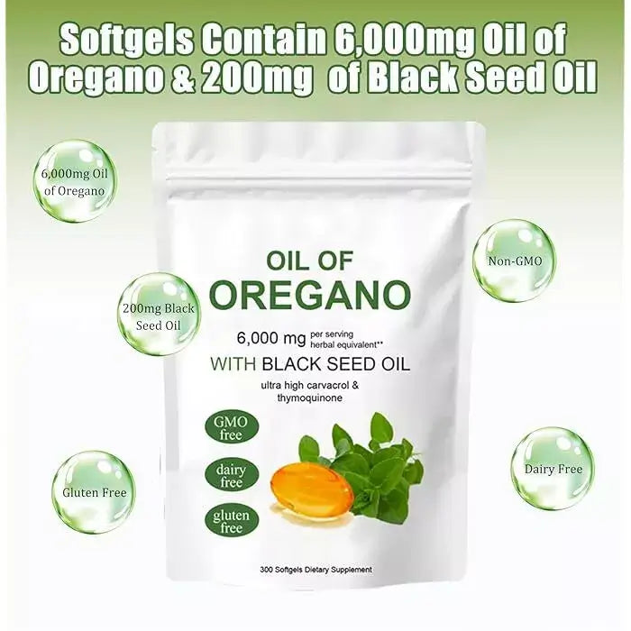 PURETREX Oil of Oregano with Black Seed Oil softgels, highlighting 6000mg oregano oil and 200mg black seed oil per serving with free-from icons.