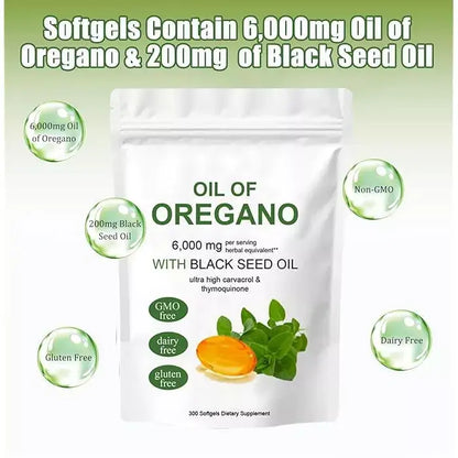 PURETREX Oil of Oregano with Black Seed Oil softgels, highlighting 6000mg oregano oil and 200mg black seed oil per serving with free-from icons.
