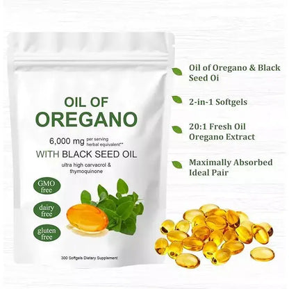 PURETREX Oil of Oregano with Black Seed Oil pouch and softgels shown in front, featuring claims like 2-in-1 formula and fresh oregano extract.
