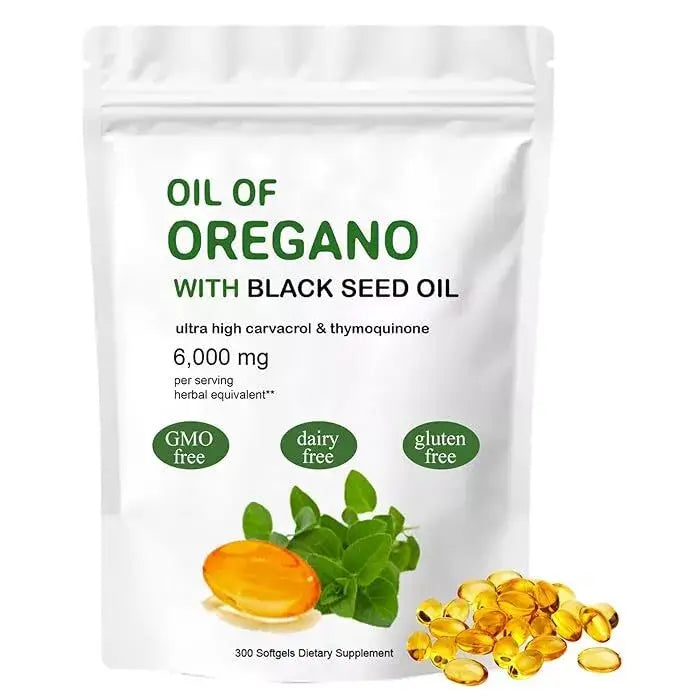 Front packaging of PURETREX Oil of Oregano with Black Seed Oil softgels, showing 6000mg strength and product highlights.
