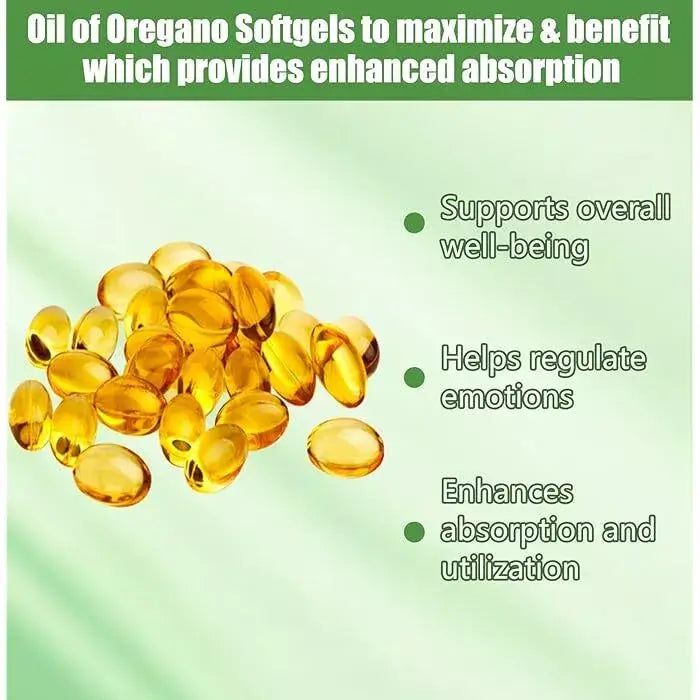 PURETREX Oil of Oregano softgels displayed in a pile with text highlighting wellbeing, emotion regulation, and enhanced absorption.
