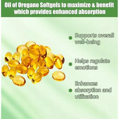 PURETREX Oil of Oregano softgels displayed in a pile with text highlighting wellbeing, emotion regulation, and enhanced absorption.