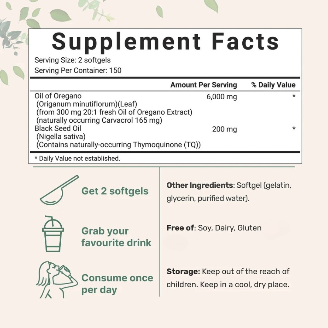 Supplement facts panel for PURETREX Oil of Oregano with Black Seed Oil, showing serving size, active ingredients, and free-from claims.
