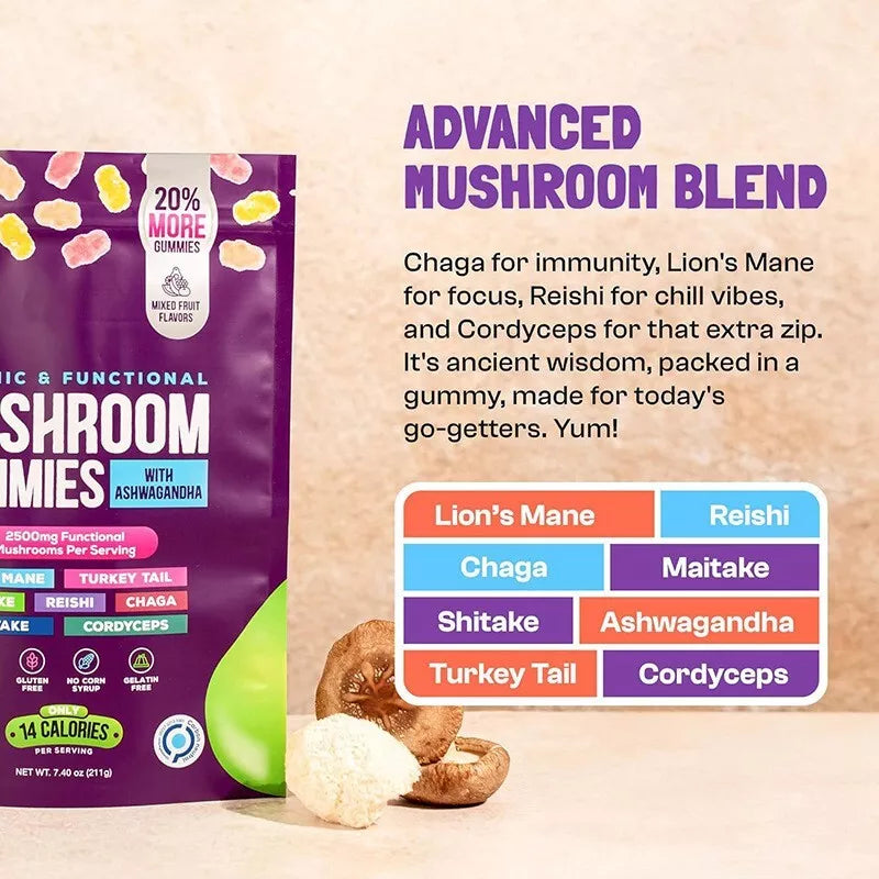 Advanced mushroom complex gummies with Lion’s Mane, Reishi, Chaga, Turkey Tail, Cordyceps, Shiitake, Maitake and Ashwagandha – immune and focus support.