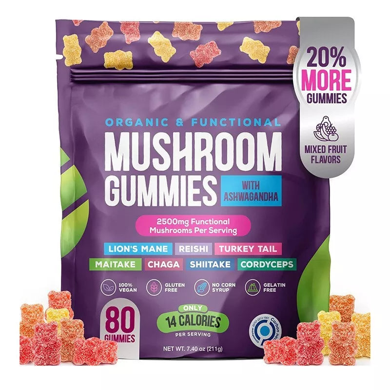 Puretrex Organic Mushroom Gummies with Ashwagandha – 2500mg functional mushroom blend per serving, 80 gummies, vegan, gluten-free, mixed fruit flavors.