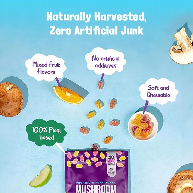 Organic mushroom gummies with natural mixed fruit flavors, 100% plant-based, no artificial additives, soft and chewable functional mushroom supplement.