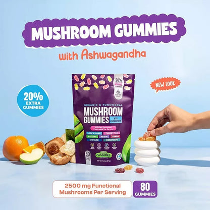 Puretrex Mushroom Gummies with Ashwagandha – new look packaging, 20% extra gummies, 2500mg mushrooms per serving, stress relief and immune support.