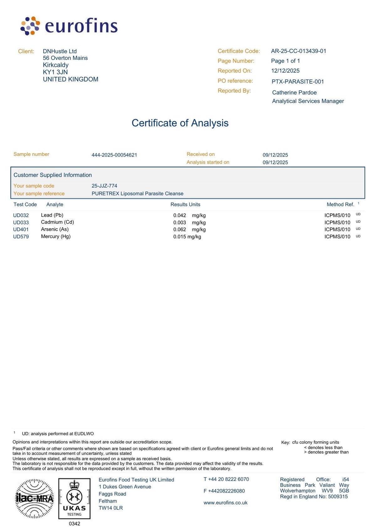 Third-party laboratory Certificate of Analysis AR-25-CC-013439-01 for PURETREX Wormwood Black Walnut & Oregano Capsules – Liposomal Herbal Complex: heavy metals by ICP-MS — lead 0.042, cadmium 0.003, arsenic 0.062, mercury 0.015 mg/kg. Reported 12 Dec 2025.