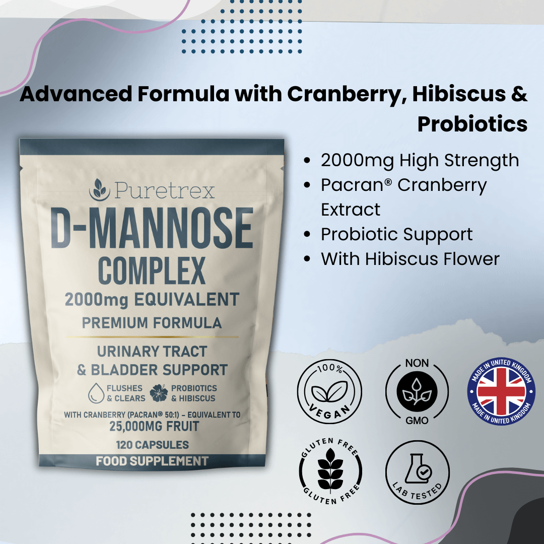 D-Mannose Complex pouch with key features: 2000mg high strength, Pacran Cranberry extract, probiotics, hibiscus, vegan, gluten-free, lab-tested, UK-made.