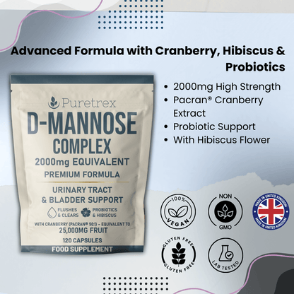 D-Mannose Complex pouch with key features: 2000mg high strength, Pacran Cranberry extract, probiotics, hibiscus, vegan, gluten-free, lab-tested, UK-made.