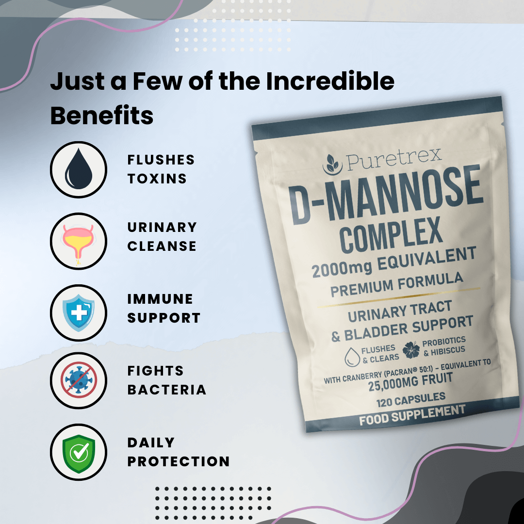 D-Mannose Complex supplement pouch with highlighted benefits: flushes toxins, urinary cleanse, immune support, fights bacteria, daily protection.