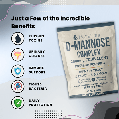 D-Mannose Complex supplement pouch with highlighted benefits: flushes toxins, urinary cleanse, immune support, fights bacteria, daily protection.