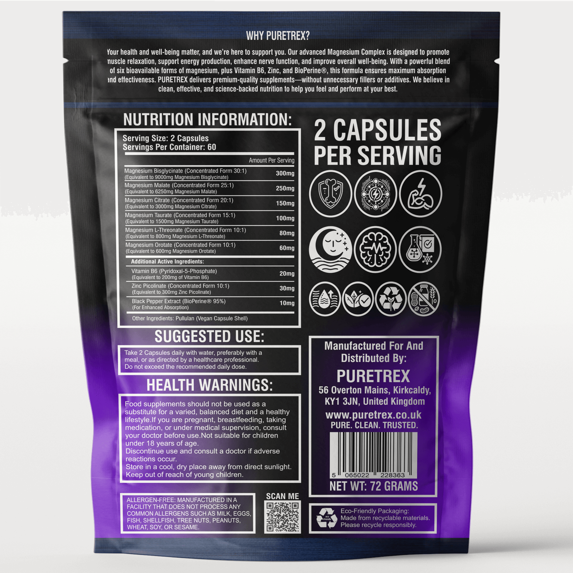 Backside of Puretrex Magnesium Glycinate 9-in-1 Complex packaging showing nutrition information, suggested use, and health warnings.