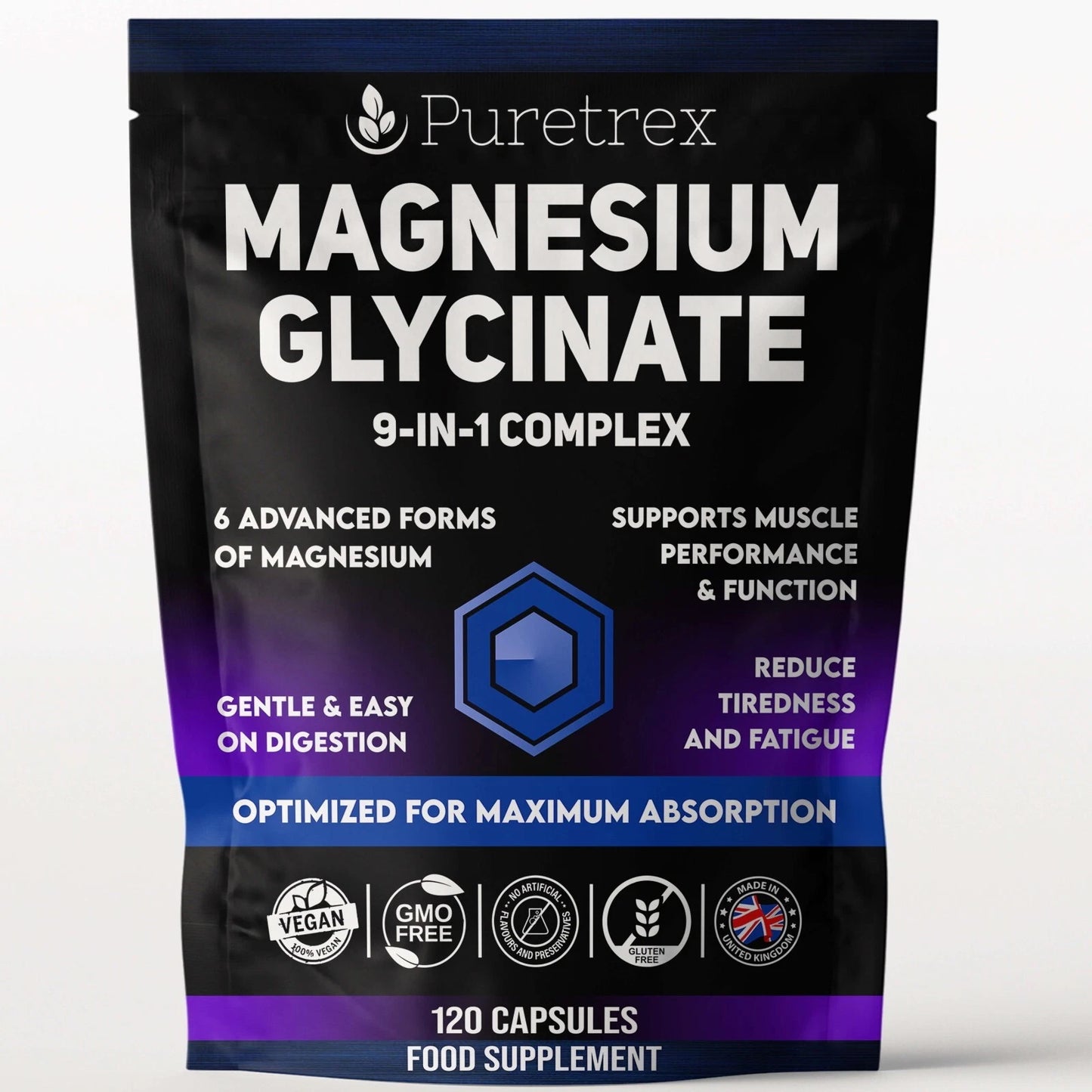 Packaging of Puretrex Magnesium Glycinate 9-in-1 Complex with 120 capsules displayed.