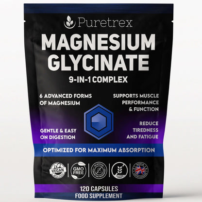 Packaging of Puretrex Magnesium Glycinate 9-in-1 Complex with 120 capsules displayed.