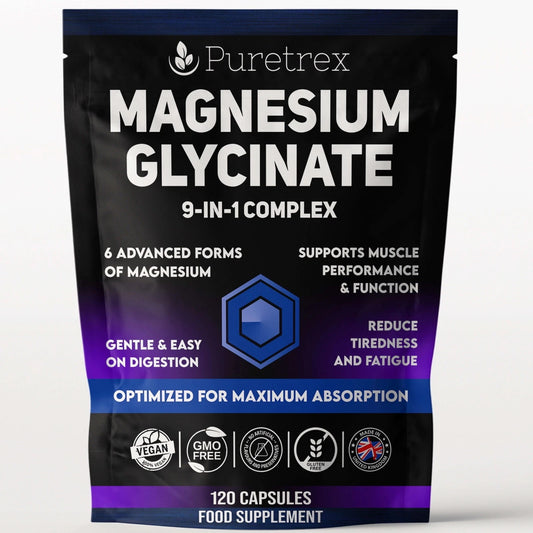 Packaging of Puretrex Magnesium Glycinate 9-in-1 Complex with 120 capsules displayed.