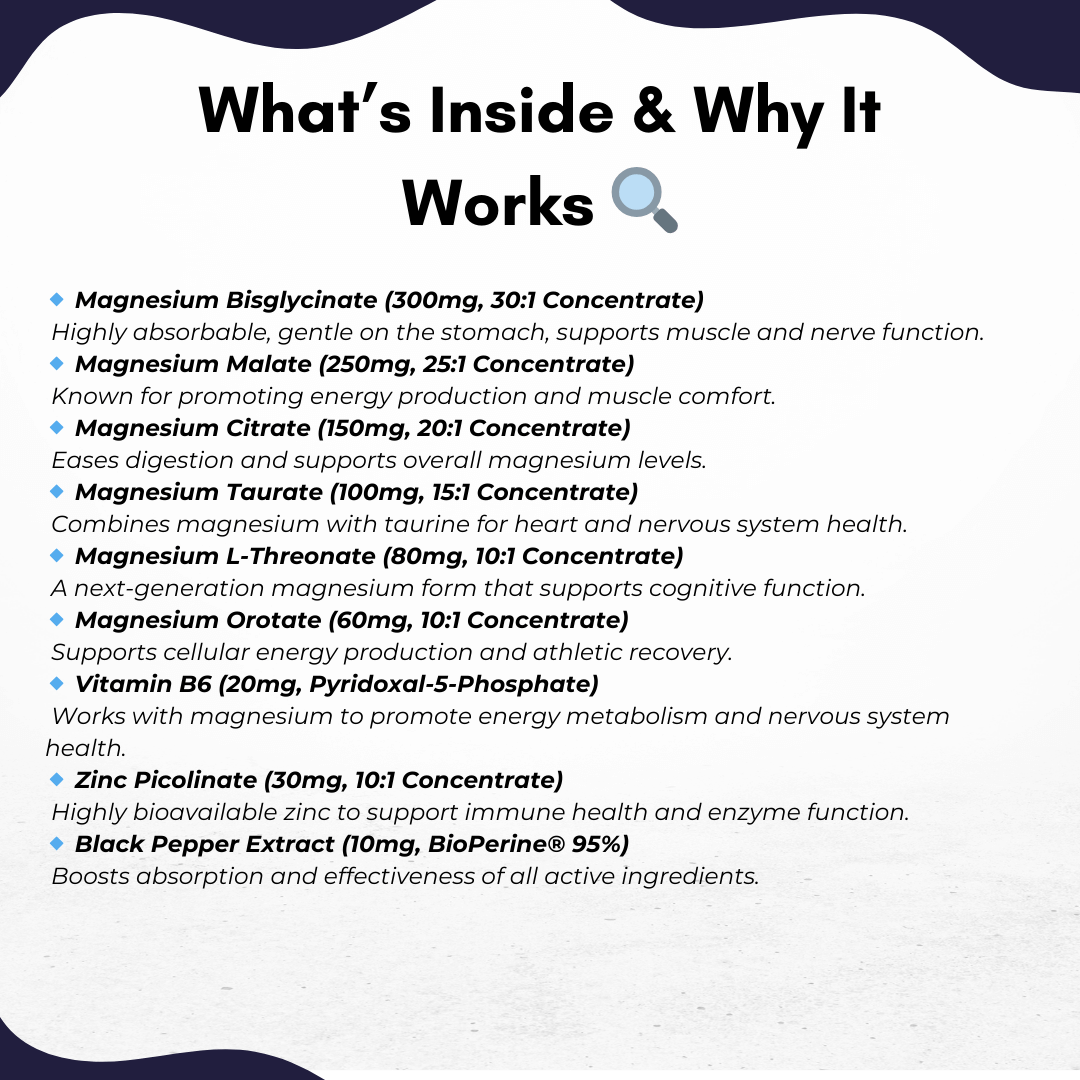Nutritional breakdown of Puretrex Magnesium Glycinate 9-in-1 Complex with detailed ingredients and their functions.