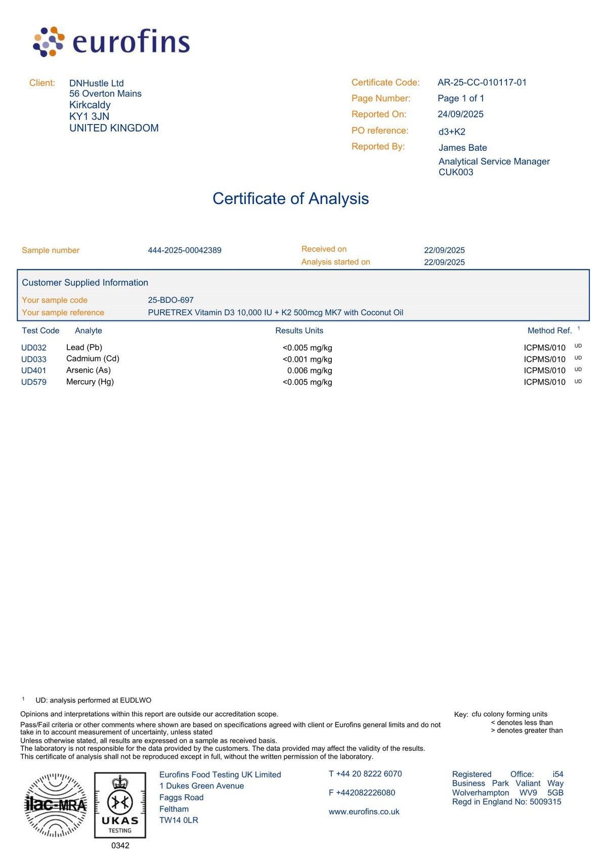 Certificate of Analysis — heavy metals test results for Vitamin D3 10,000 IU + K2 500mcg MK-7 – High Strength with Omega-3 & Astaxanthin | 180 Softgels