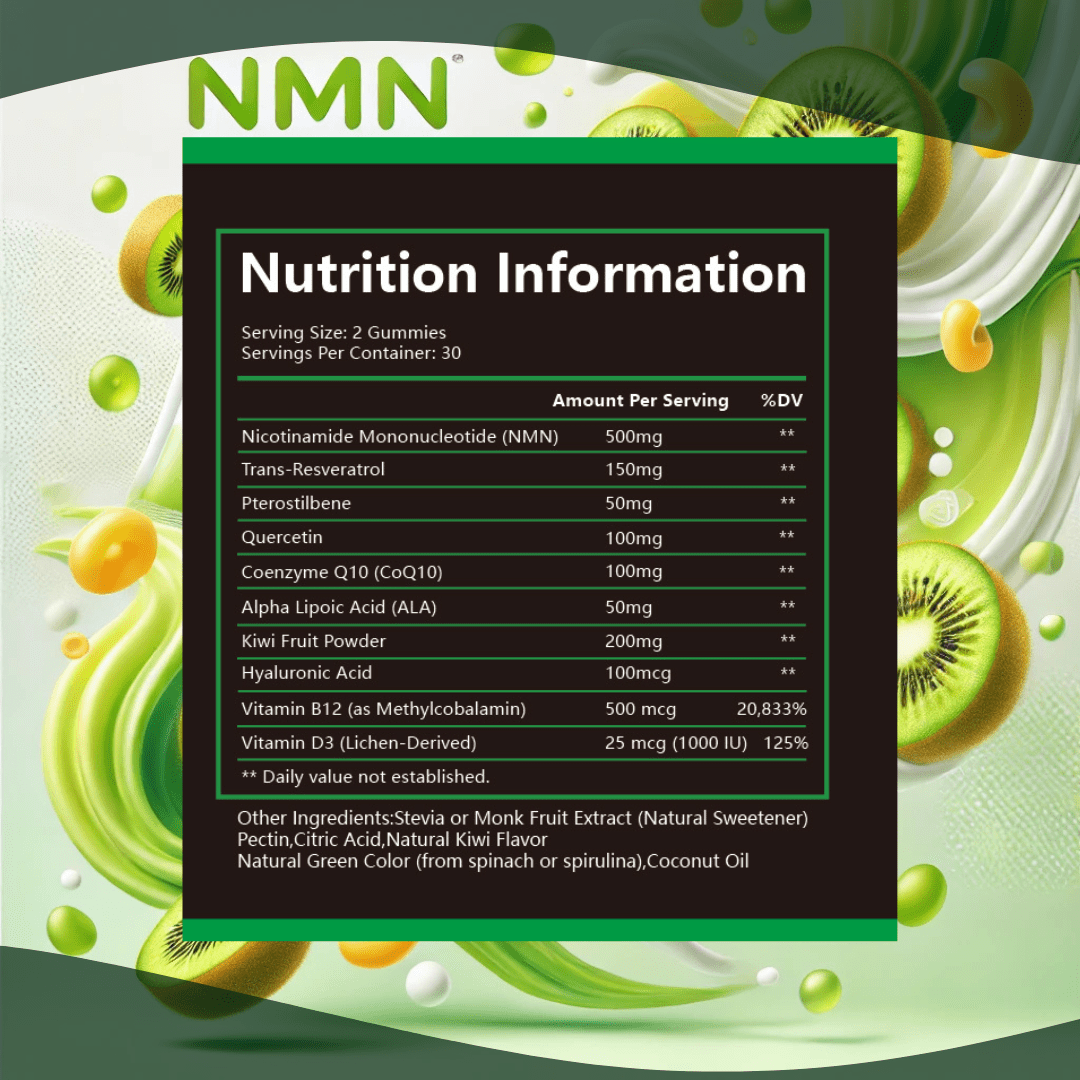 Nutrition facts of PURETREX NMN + Resveratrol Kiwi Gummies 1250mg – full supplement information and daily serving details.
