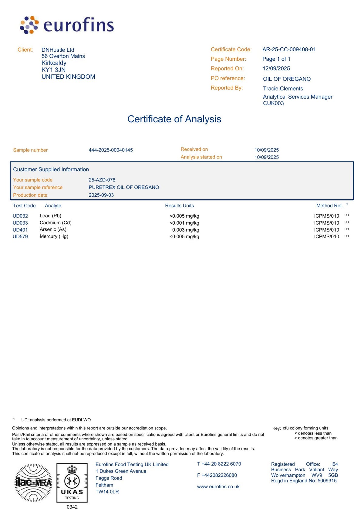 Certificate of Analysis — heavy metals test results for Wild Oregano Oil Drops – 93% Carvacrol with Ginger & Manuka Honey