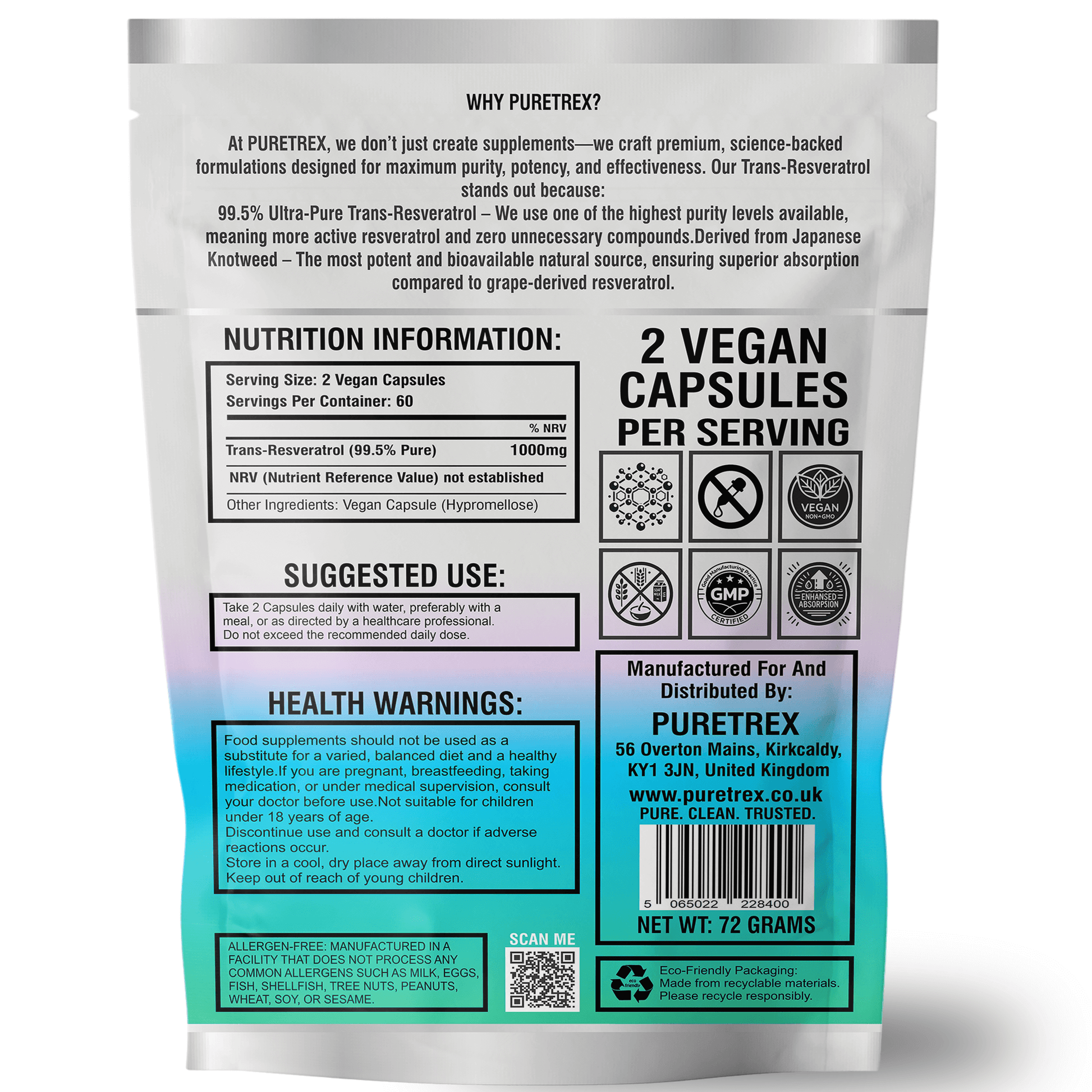 Back pouch of PURETREX Trans-Resveratrol 1000mg, with nutrition facts, 99.5% pure Japanese Knotweed extract, 120 vegan capsules, suggested use, and health warnings.