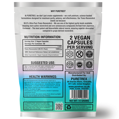 Back pouch of PURETREX Trans-Resveratrol 1000mg, with nutrition facts, 99.5% pure Japanese Knotweed extract, 120 vegan capsules, suggested use, and health warnings.