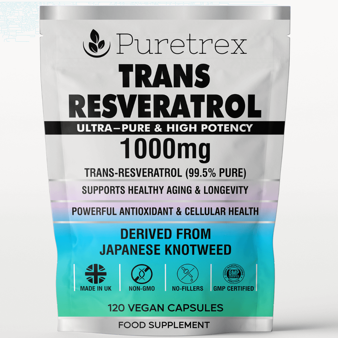 PURETREX Trans-Resveratrol 1000mg, 99.5% pure, derived from Japanese Knotweed, 120 vegan capsules for anti-ageing, antioxidant, and heart health support.
