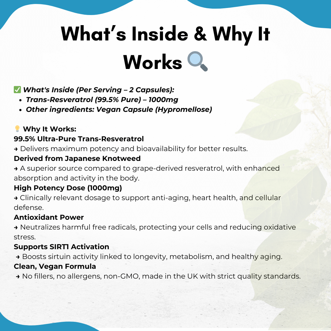 PURETREX Trans-Resveratrol 1000mg formula, 99.5% purity, derived from Japanese Knotweed, vegan-friendly, antioxidant, supports SIRT1 activation and healthy ageing.