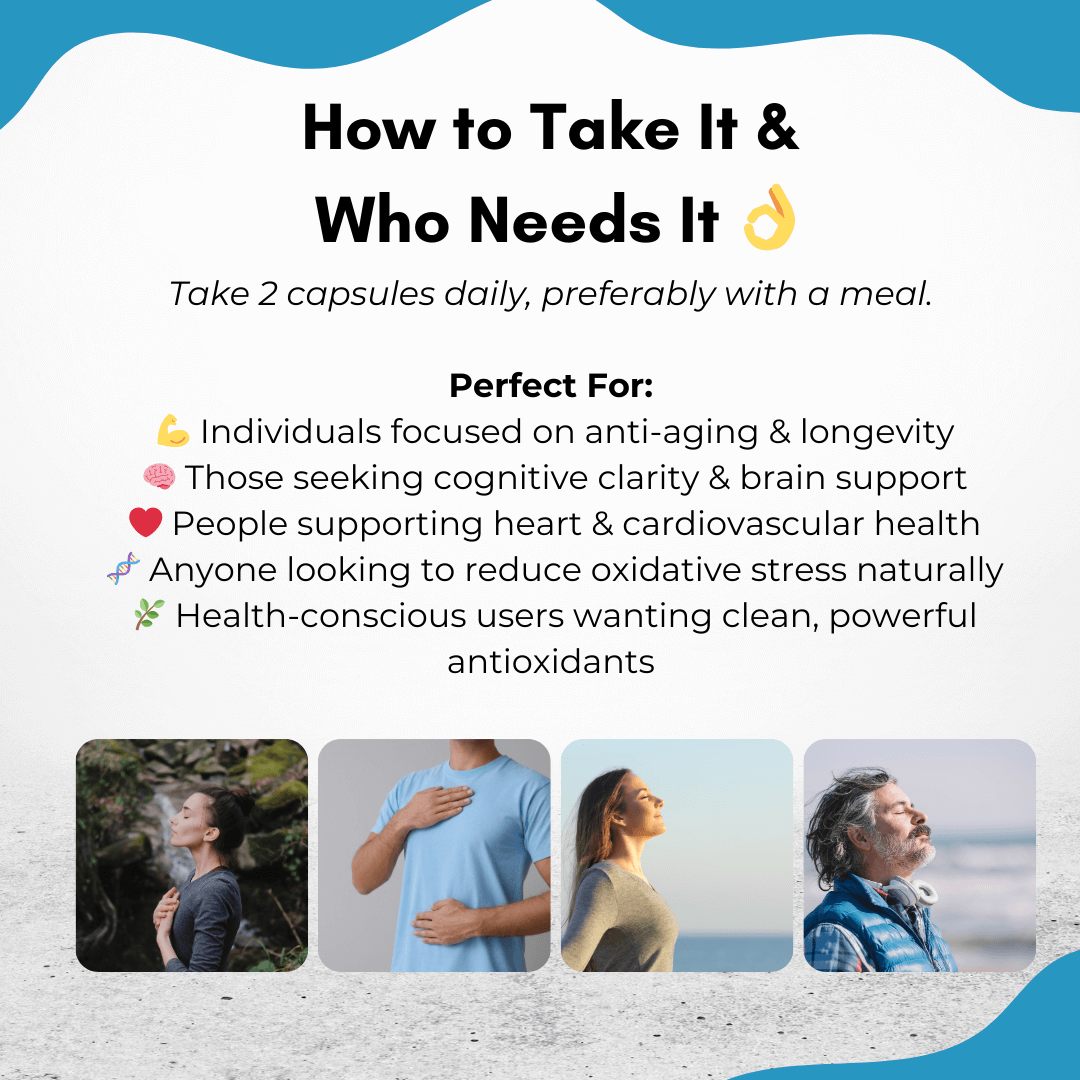 Guide explaining how to take PURETREX Trans-Resveratrol, 2 vegan capsules daily, ideal for anti-ageing, brain support, heart health, oxidative stress reduction, and longevity.