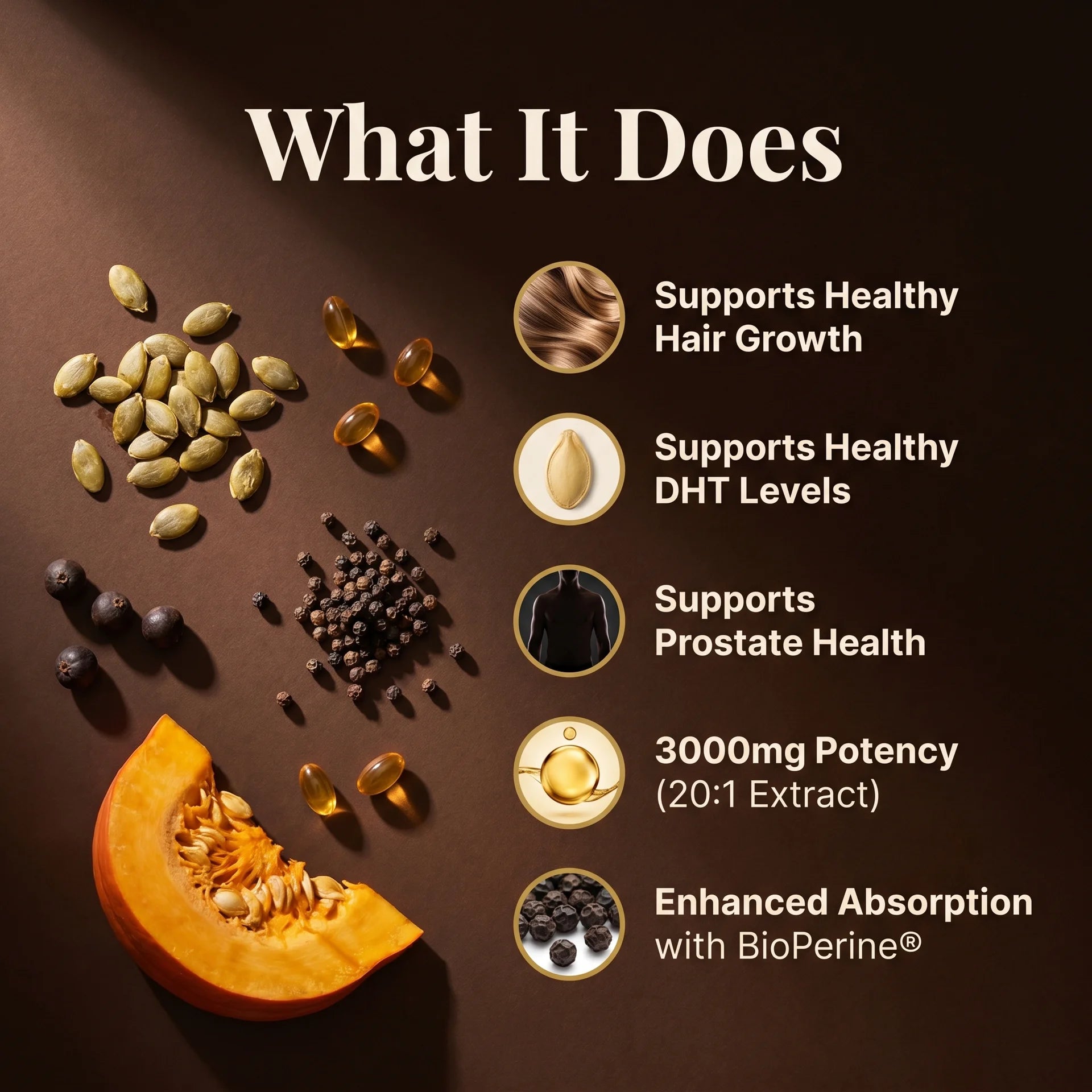 uretrex Pumpkin Seed Oil 3000mg benefits including supports healthy hair growth, supports healthy DHT levels, and prostate health with BioPerine for enhanced absorption