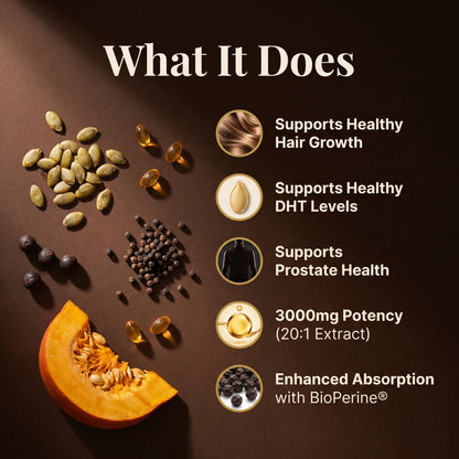 uretrex Pumpkin Seed Oil 3000mg benefits including supports healthy hair growth, supports healthy DHT levels, and prostate health with BioPerine for enhanced absorption