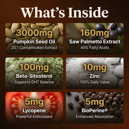 Puretrex Pumpkin Seed Oil 3000mg key ingredients with clinical doses including saw palmetto 160mg, beta-sitosterol 100mg, zinc 10mg, lycopene 5mg, and BioPerine 5mg