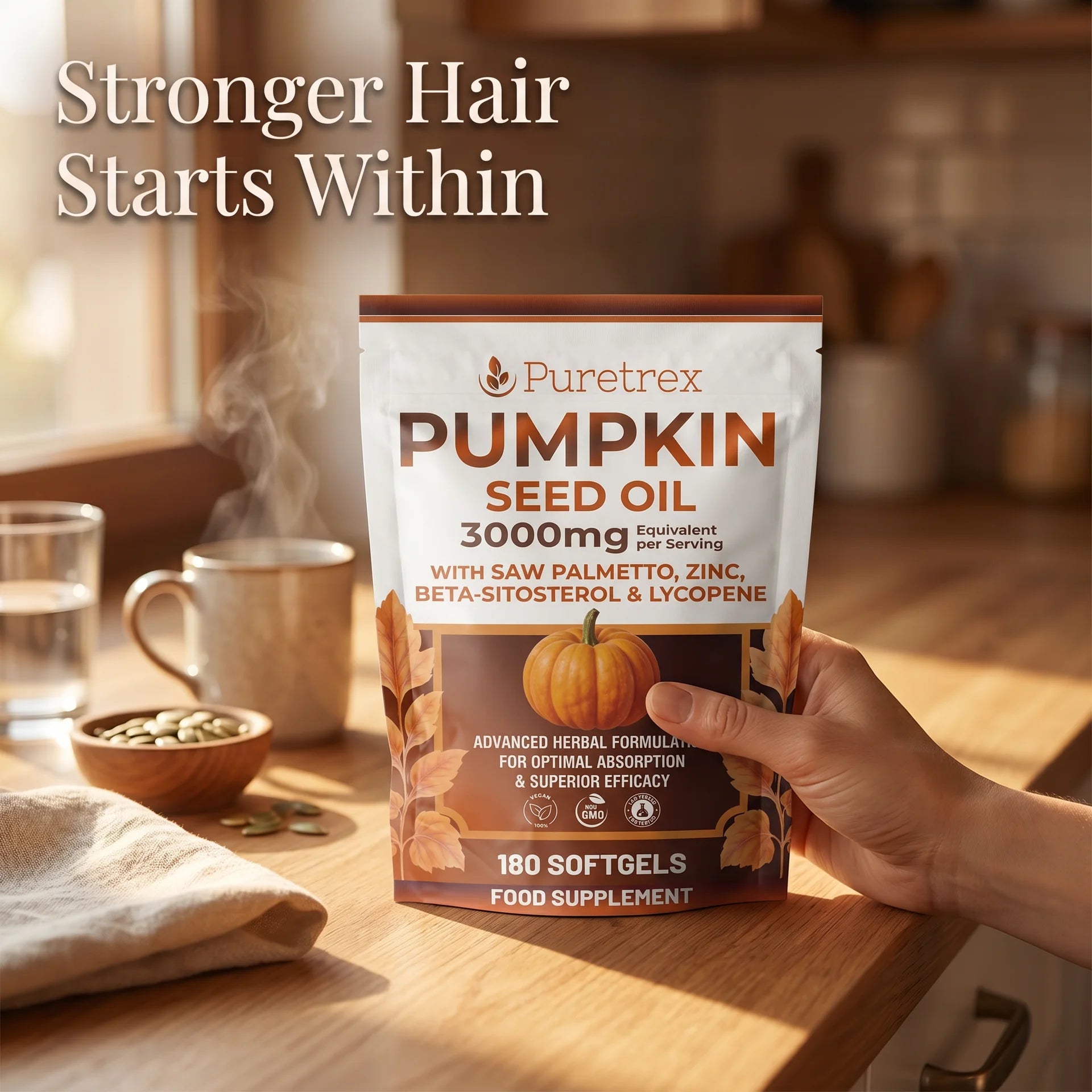 Puretrex Pumpkin Seed Oil 3000mg lifestyle image hand holding supplement pouch in kitchen setting natural hair support