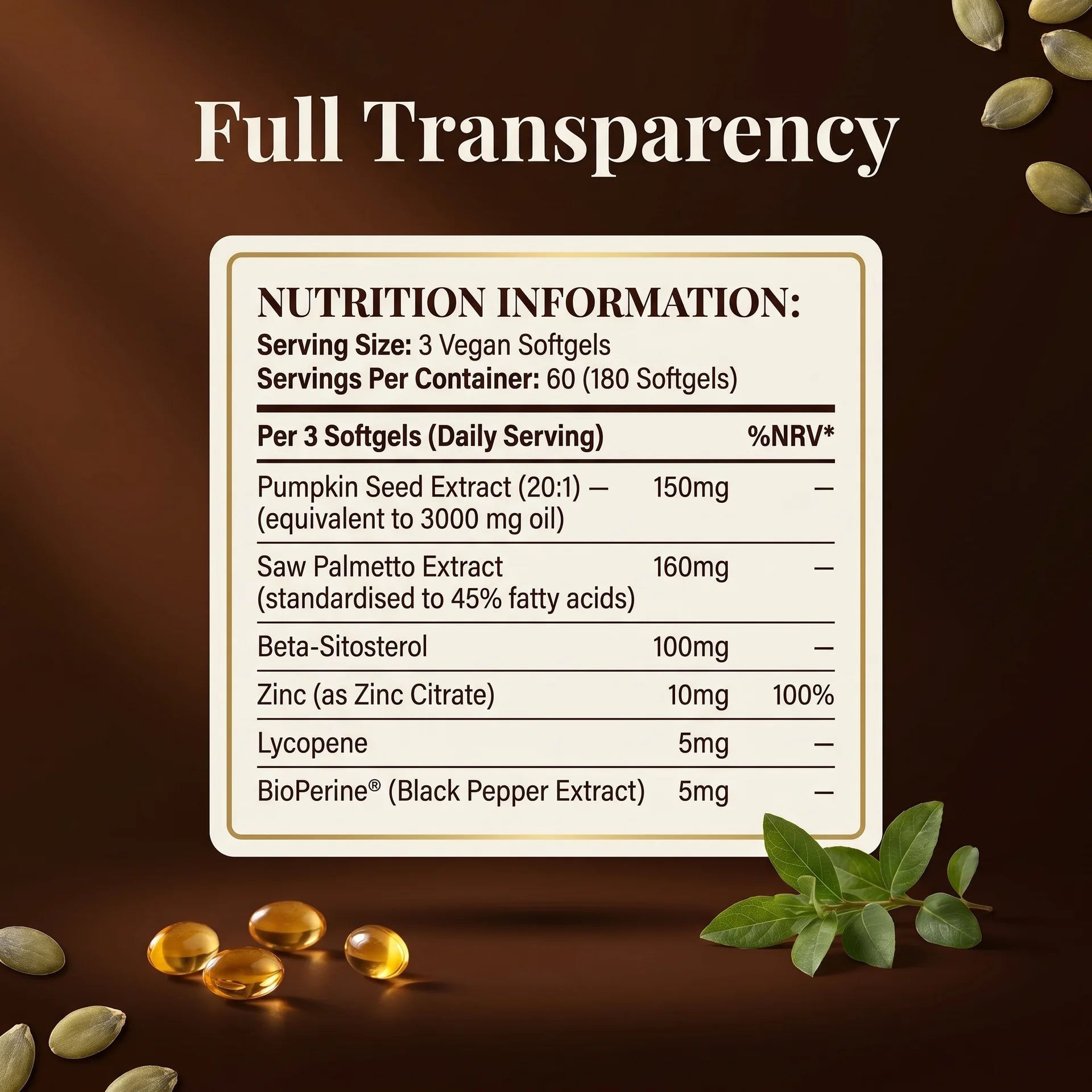 Puretrex Pumpkin Seed Oil 3000mg supplement facts nutrition information panel showing full ingredient transparency with 180 vegan softgels 60 servings