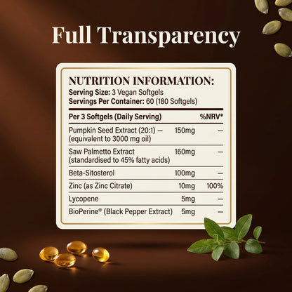 Puretrex Pumpkin Seed Oil 3000mg supplement facts nutrition information panel showing full ingredient transparency with 180 vegan softgels 60 servings