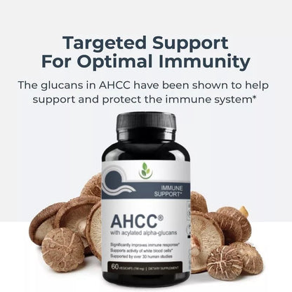 PURETREX AHCC supplement with mushrooms background, tagline “Targeted Support for Optimal Immunity,” 60 capsule bottle.