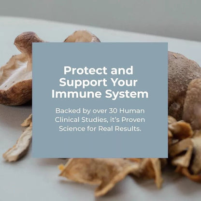 PURETREX AHCC supplement with mushrooms background, text “Protect and Support Your Immune System – Backed by 30+ Human Clinical Studies.”