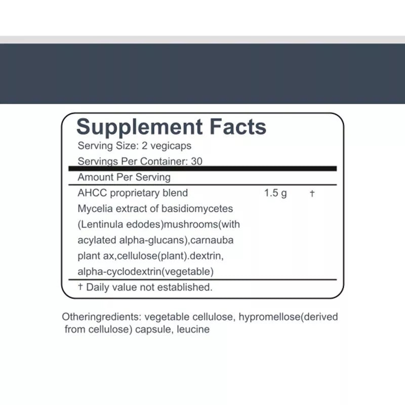 PURETREX AHCC Supplement Facts label – serving size 2 capsules, 1.5g AHCC proprietary blend, vegetarian capsules.